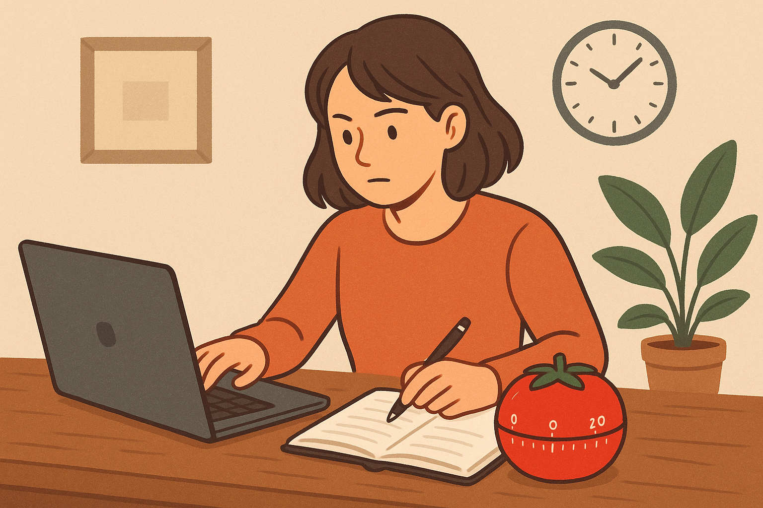 Ilustração de uma pessoa focada no trabalho com timer Pomodoro