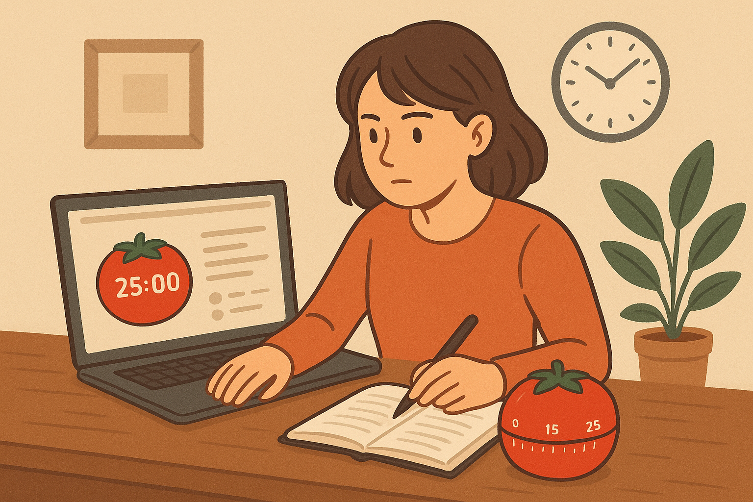 Pessoa estudando com timer Pomodoro, ilustrando benefícios